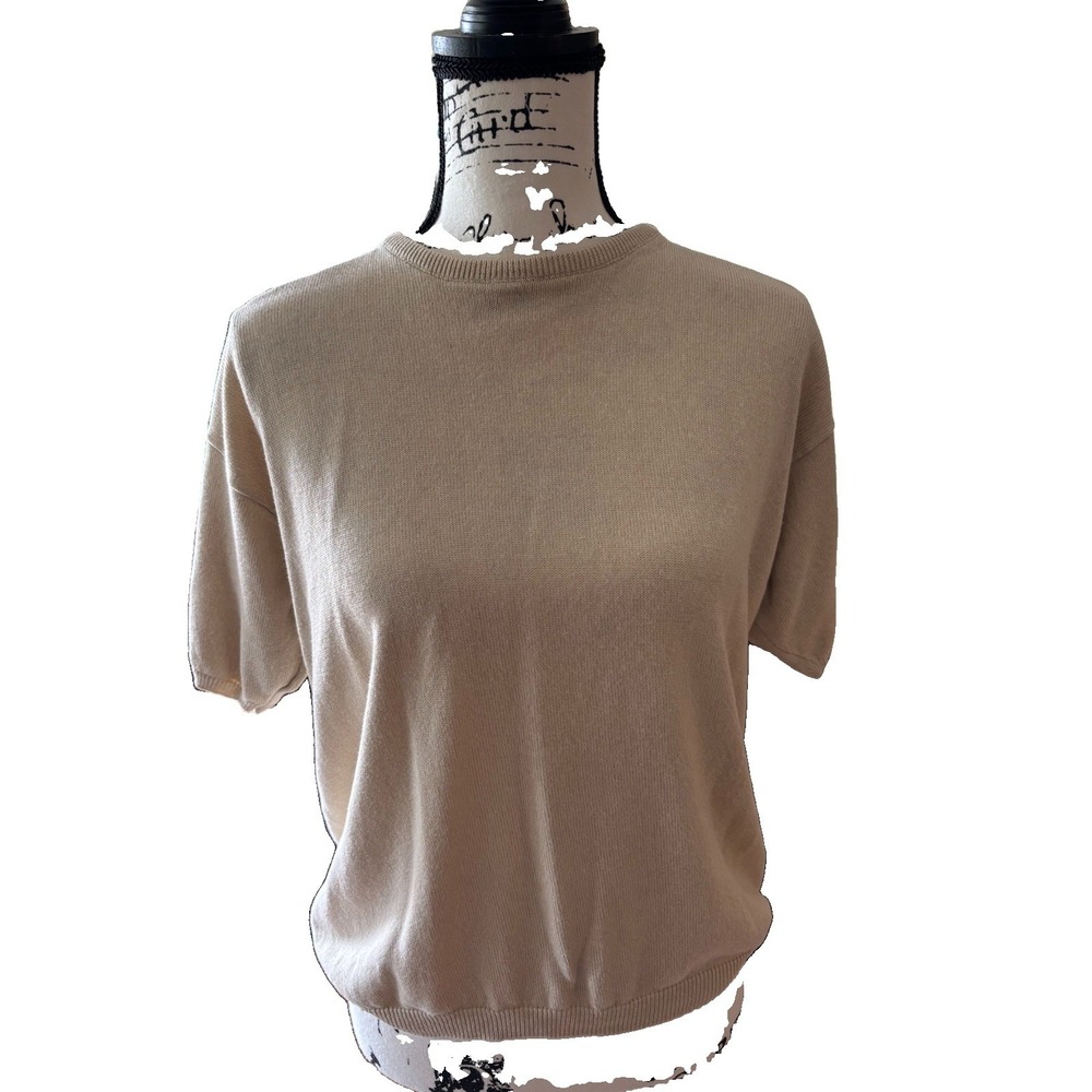 VINTAGE Women's 60s? Short Sleeve Sweater Cream Beige Silk Blend XL